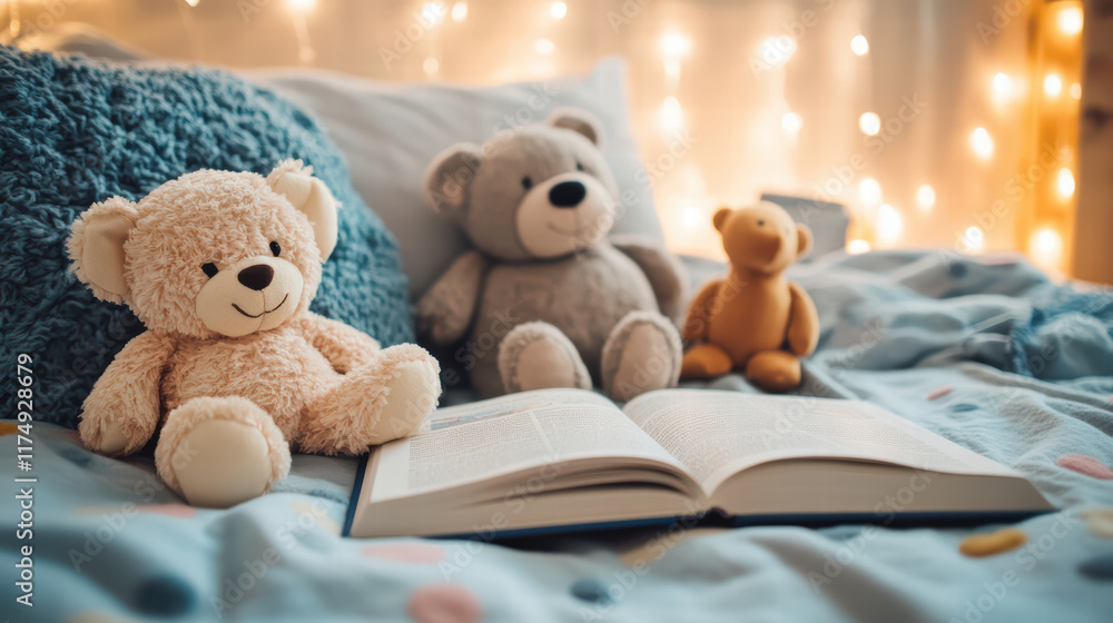 Poster cozy scene of bed with plush toys and open storybook, creating warm and inviting atmosphere perfect 