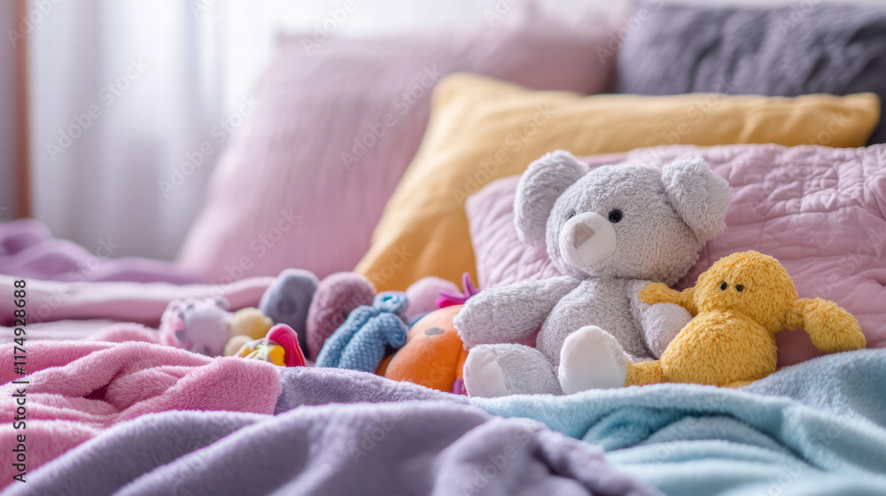 Poster cozy scene of bed adorned with plush toys and colorful blankets, creating warm and inviting atmosphe