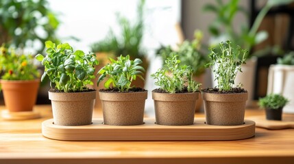 Four Small Herb Plants in Brown Pots on Wooden Tray
