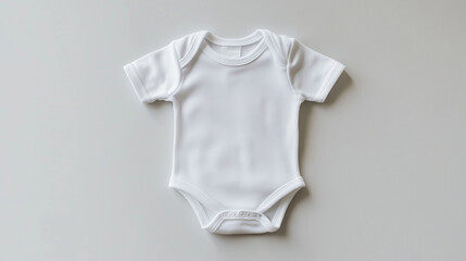 Photorealistic white baby onesie on light gray surface