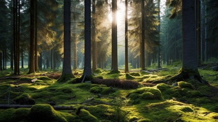Forest with old spruce, fir, and pine trees, sun rays, green undergrowth, serene setting