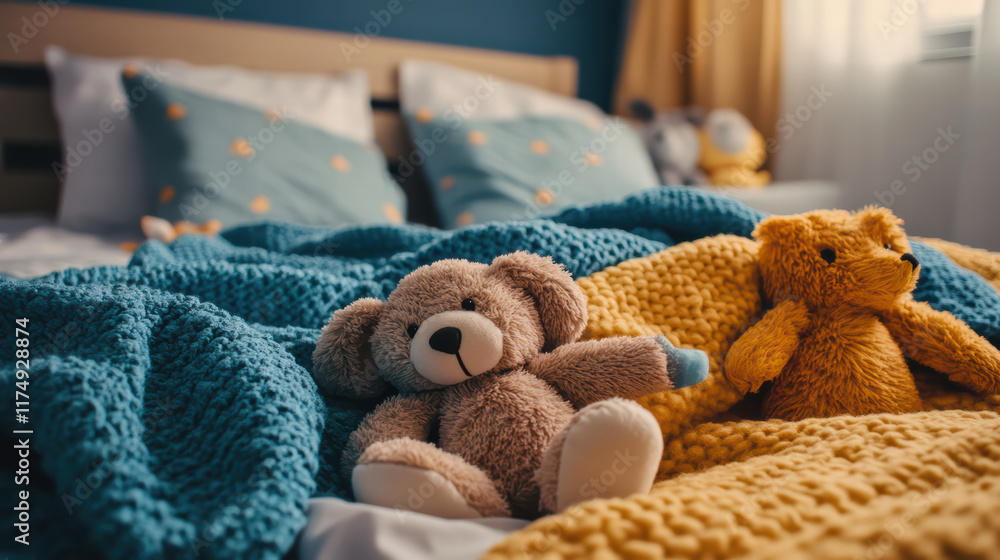 Poster cozy scene of bed adorned with plush toys and colorful blankets, creating warm and inviting atmosphe