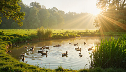 Fototapeta premium Ducks are gracefully gliding across a peaceful pond while the sun rises in the background, casting golden rays through the trees and illuminating the vibrant landscape
