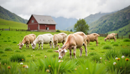 Fototapeta premium A group of goats grazes on vibrant green grass in a picturesque meadow. A red barn stands in the background, surrounded by majestic mountains under a slightly cloudy sky