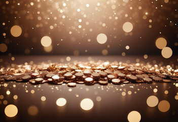 Background with light beige and gold particle. bright Golden light shine particles bokeh on light beige background. Gold foil texture. Holiday concept.