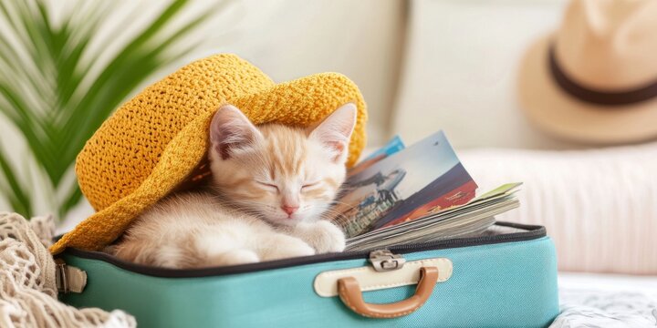 Pet vacation travel concept. A sleepy kitten rests in a turquoise suitcase, wearing a yellow hat, surrounded by travel postcards and a cozy atmosphere. travel