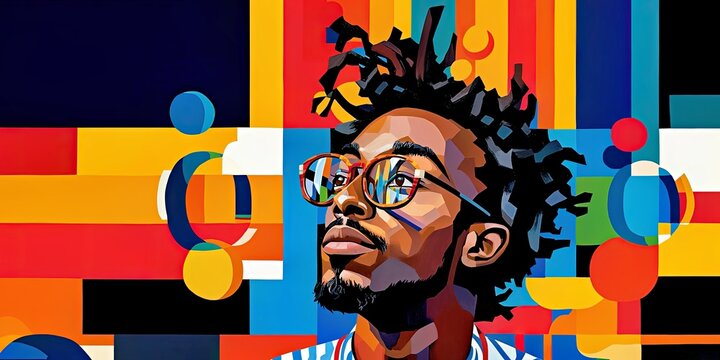 Abstract colorful modern portrait illustration. Creative art with vibrant design. Striking expression of identity using bold colors and diverse patterns. Graphic style evokes energy and