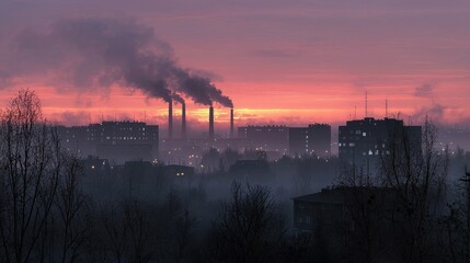 Fototapeta premium Industrial Skyline at Sunrise Blanketed in Toxic Smog and Smoke