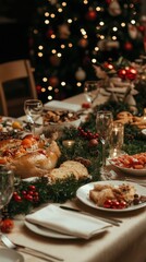 Fototapeta premium Festive Christmas dinner table set with various dishes, greenery, candles, and a decorated tree in the background, creating a warm and cozy atmosphere.