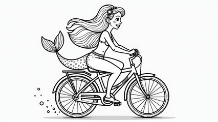 Obraz premium Mermaid Riding a Bicycle Coloring Page, Coloring Page, Line Art Illustration, isolated white background, Coloring Page, Line Art Illustration, isolated white background