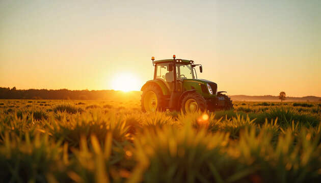 A tractor is actively plowing through a lush green field as the sun sets, casting a golden hue across the landscape. This serene moment captures the essence of farming - Powered by Adobe
