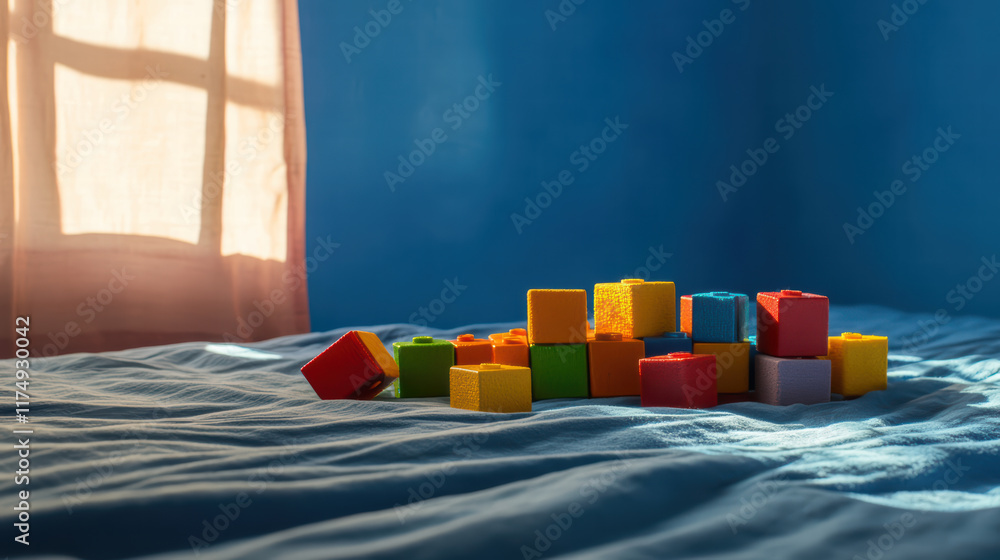 Poster vibrant assortment of building blocks scattered on soft bed, illuminated by natural light from windo