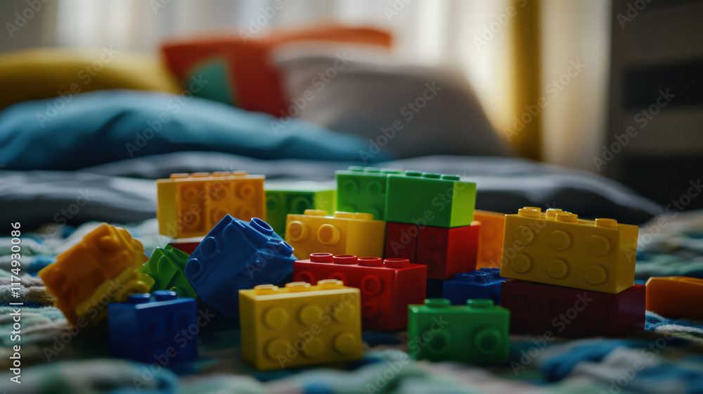 Poster vibrant assortment of building blocks scattered on colorful blanket, creating playful atmosphere in 
