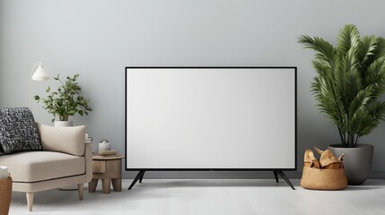 A sleek modern living room with a large blank-screen TV, cozy armchair, indoor plants, and minimalistic decor, creating a serene and stylish atmosphere