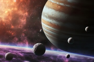 Exploration of Jupiter and its moons in a vibrant cosmic landscape