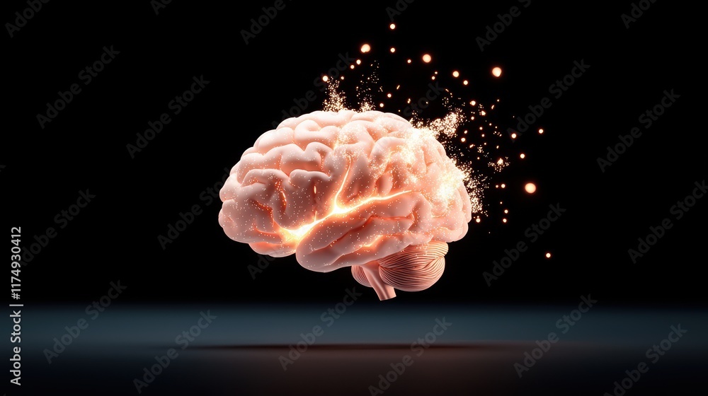 Poster a highly detailed, anatomically accurate human brain rendered in 3d, with glowing areas highlighting