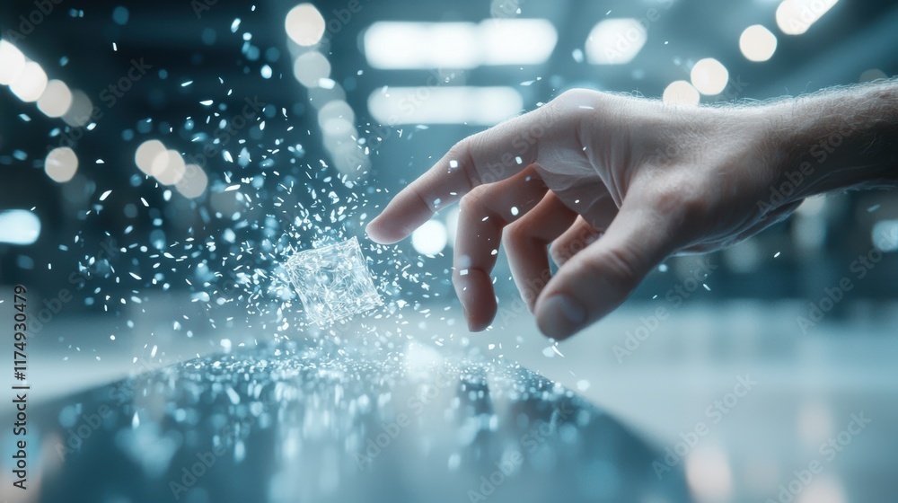 Poster a hand reaching out to touch a holographic object in a virtual space, blurring the lines between the