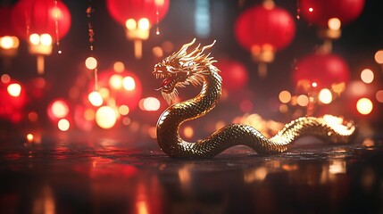Golden dragon figurine against red lantern bokeh.
