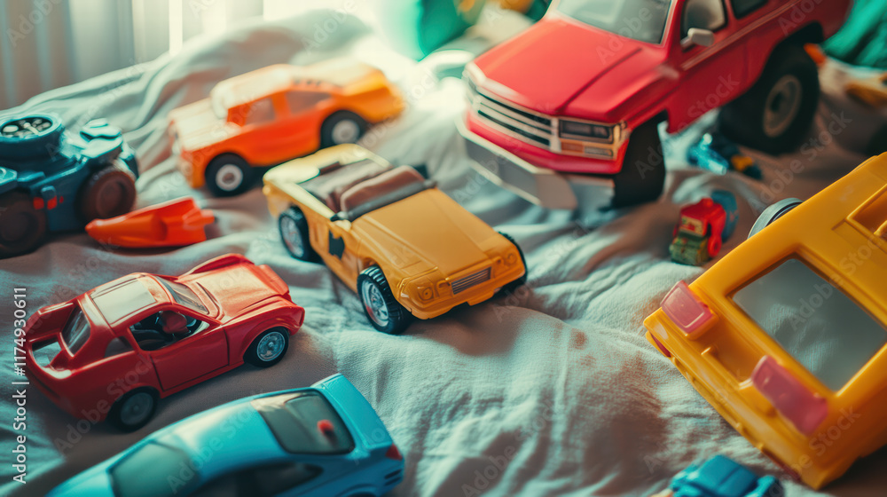 Poster vibrant mix of toy vehicles and action figures scattered on soft surface, creating playful and nosta