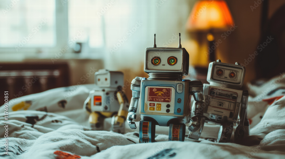 Poster whimsical arrangement of toy robots on bed, showcasing their playful design and vibrant colors, crea