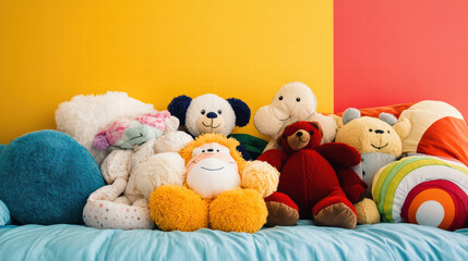 whimsical arrangement of colorful stuffed animals on bed, featuring various plush toys in vibrant colors against bright backdrop. This playful scene evokes sense of joy and comfort