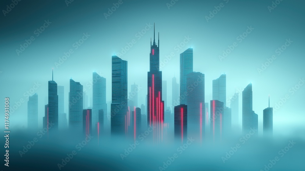 Poster a futuristic cityscape at night, with towering skyscrapers interconnected by glowing lines represent