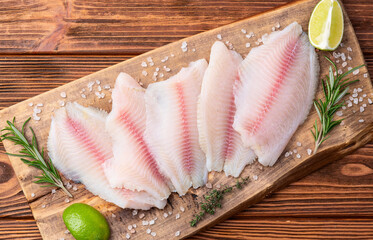 Raw tilapia fillet photography . Top view