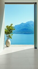 Fototapeta premium Modern patio with panoramic view of mountains and lake. Spacious area features minimalist design with large potted plant, emphasizing tranquility and beauty.