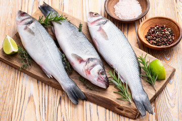 Raw sea bass fish photography . Top view