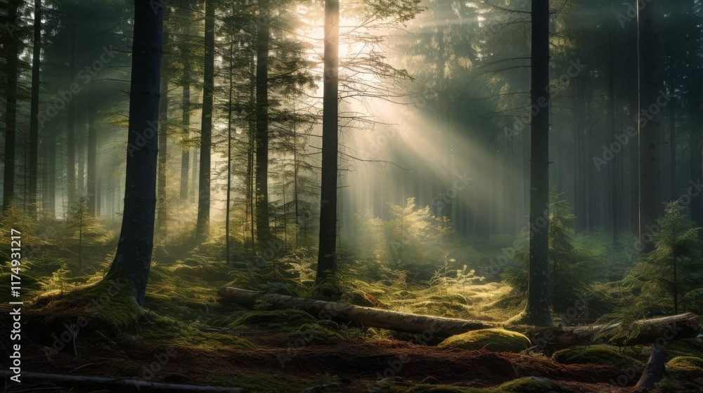Poster misty forest with soft sunlight filtering through, creating a mystical ambiance