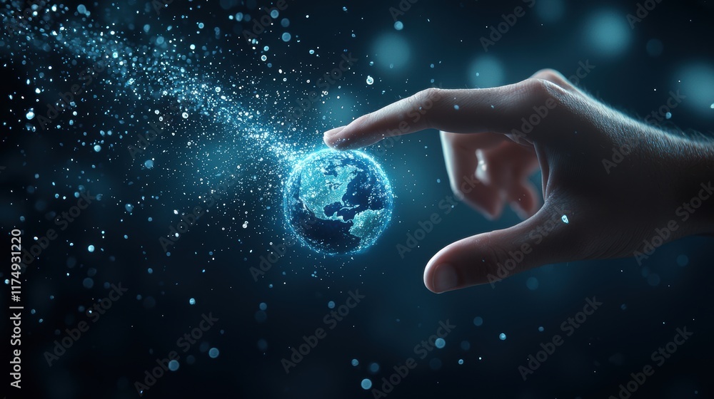 Poster a hand reaching out to touch a holographic projection of a globe, with data streams flowing across c