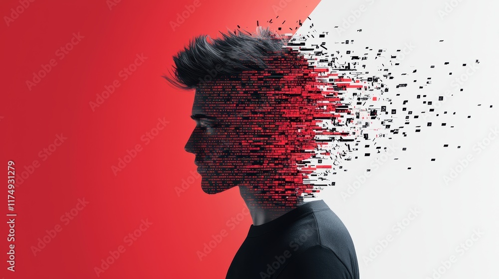 Poster an abstract representation of a human silhouette merging with a digital code stream, representing th