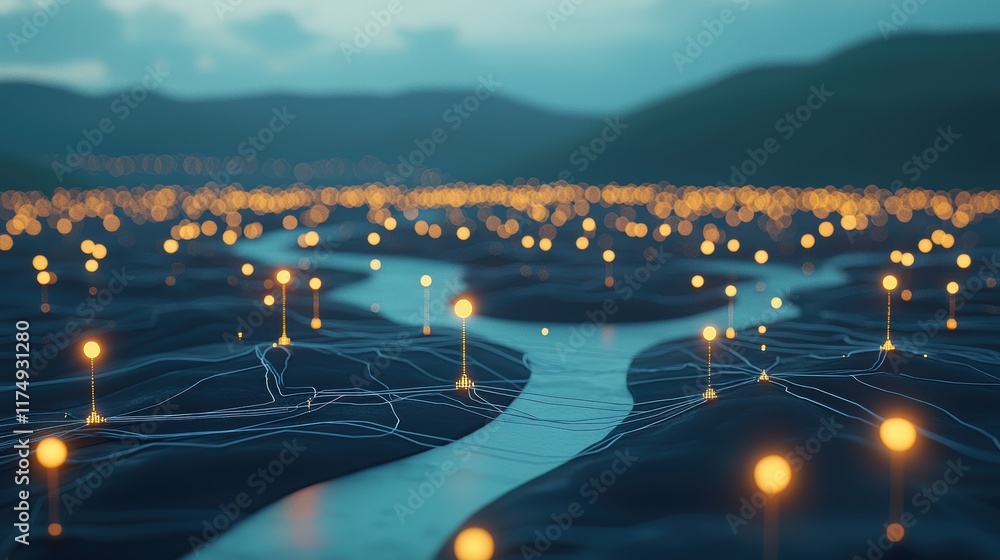 Poster a close up shot of a circuit board with glowing nodes and data packets flowing through its intricate