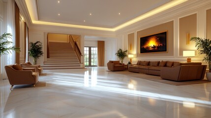 Luxurious Modern Living Room with Elegant Furniture and Grand Staircase in Sunlit Interior