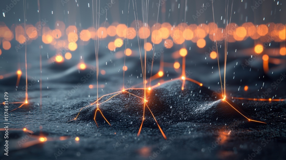 Poster an abstract visualization of data flow with glowing lines and nodes, representing the movement and p
