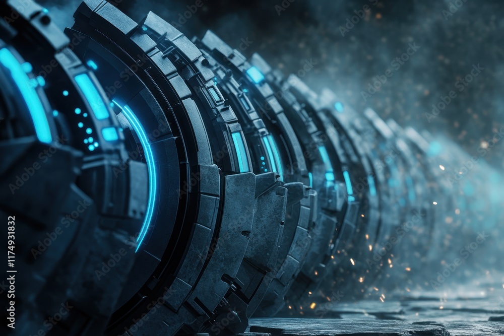 Poster futuristic technology landscape with glowing circular structures and misty background