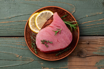 Raw tuna steak ( fillet ) photography . Top view