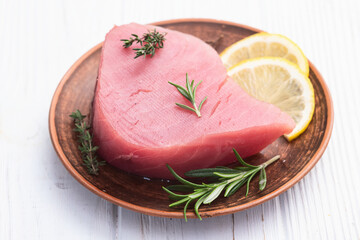 Raw tuna steak ( fillet ) photography . Top view