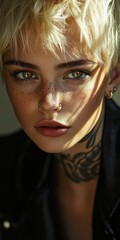 Obraz premium Portrait of a short hair blonde woman with a nose piercing and neck tattoo. Close up