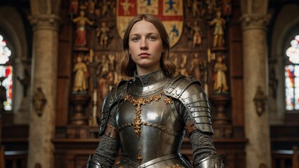 A majestic wooden carving of Joan of Arc, depicted in full battle armor, holding a sword, standing tall and proud, surrounded by French heraldry, knights, and war banners.