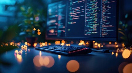 A panoramic shot of a developer workstation with multiple monitors displaying different aspects of a complex project, showcasing the scope of their work.