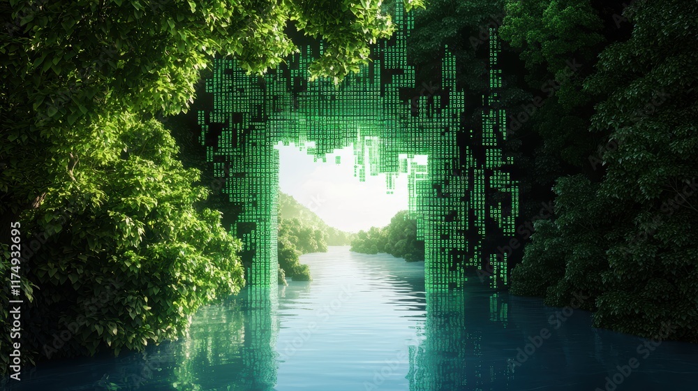 Poster a surreal image of code merging with natural elements, such as trees or water, suggesting the interc