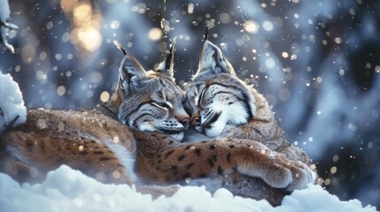 Obraz premium Pair of lynxes snuggling in snowy forest with falling snowflakes