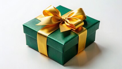Minimalist Dark Green Gift Box with Golden Bow - Elegant Present Stock Photo
