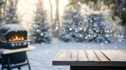 Cozy winter gathering featuring wooden table and BBQ grill in snowy landscape, with soft snowfall creating warm and inviting atmosphere