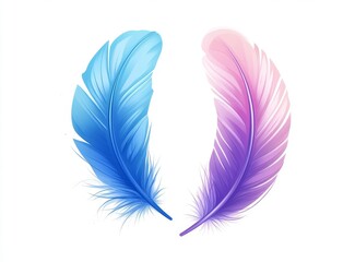 Obraz premium Two feathers on a light colored background. One feather is blue, the other purple. 