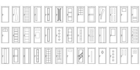 Door Collection Line Art. A Modern and Unique Vector Set Featuring Various House Door Designs for Architecture and Creative Projects. Vector illustration isolated on white background. Isometric View