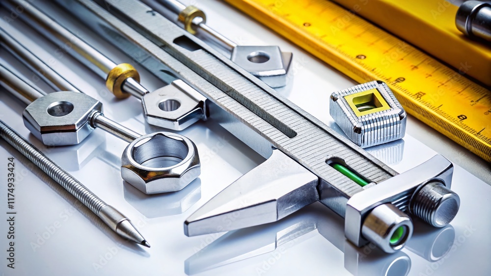 Poster minimalist engineer tools: precision instruments & gadgets on clean background