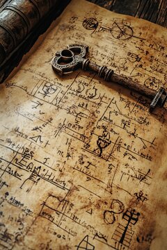Antique key on aged parchment with cryptic writings.
