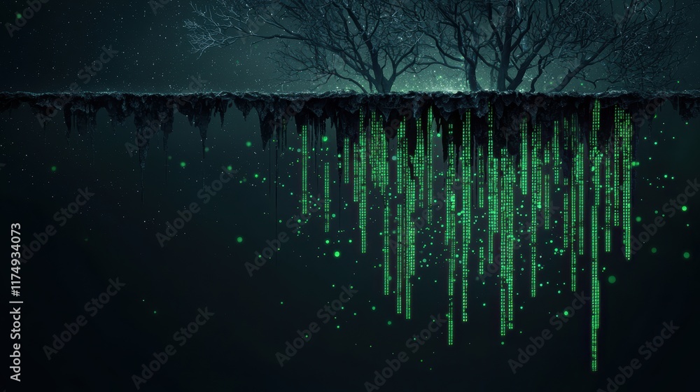 Poster a dark web interface with glowing green text and malicious code, representing the hidden corners of 
